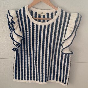 Entro Navy and White Striped Ruffle Top